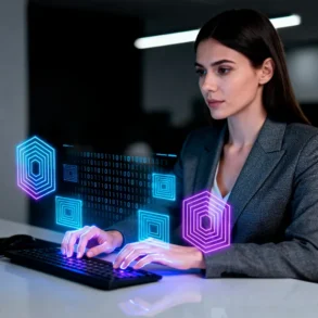 A woman in a suit works at a computer in a dimly lit office. Holographic blue and pink hexagons hover near her hands, suggesting digital interaction.