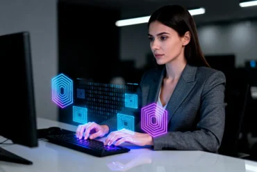 A woman in a suit works at a computer in a dimly lit office. Holographic blue and pink hexagons hover near her hands, suggesting digital interaction.