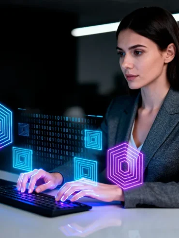 A woman in a suit works at a computer in a dimly lit office. Holographic blue and pink hexagons hover near her hands, suggesting digital interaction.