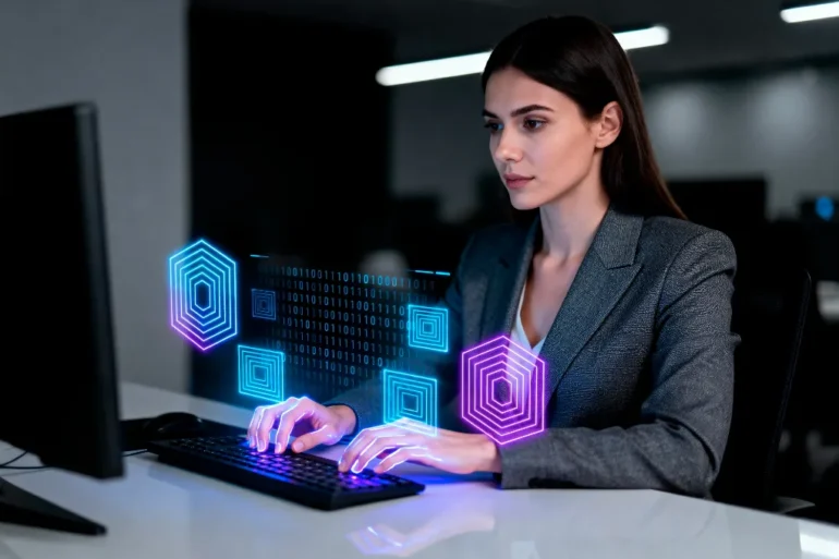 A woman in a suit works at a computer in a dimly lit office. Holographic blue and pink hexagons hover near her hands, suggesting digital interaction.