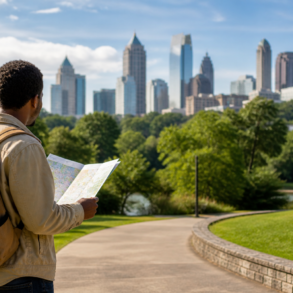 North America Atlanta skyline with travelers enjoying city highlights, parks, and cultural attractions