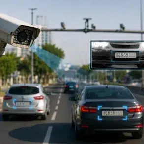 A high-tech surveillance camera mounted on a pole captures traffic on a multi-lane road, demonstrating a Number Plate Recognition System that identifies and highlights license plates on moving vehicles.