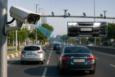 A high-tech surveillance camera mounted on a pole captures traffic on a multi-lane road, demonstrating a Number Plate Recognition System that identifies and highlights license plates on moving vehicles.