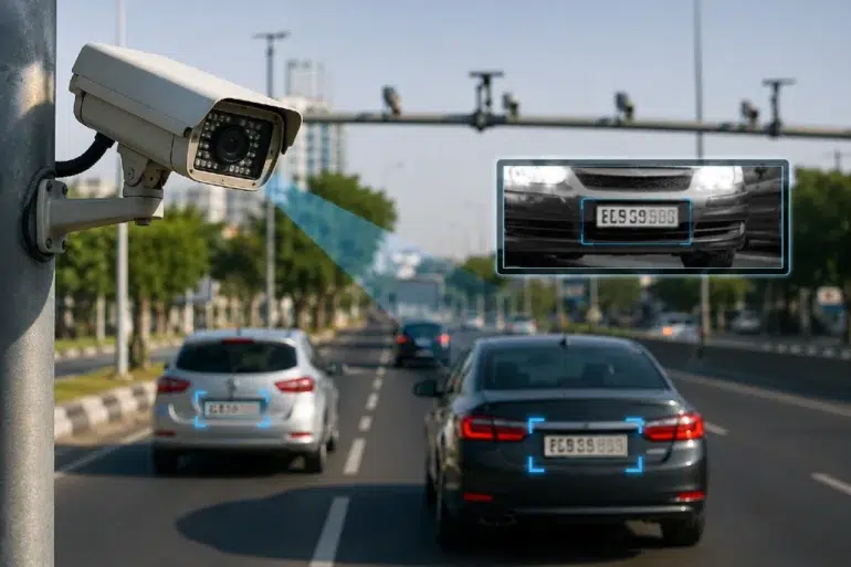 A high-tech surveillance camera mounted on a pole captures traffic on a multi-lane road, demonstrating a Number Plate Recognition System that identifies and highlights license plates on moving vehicles.