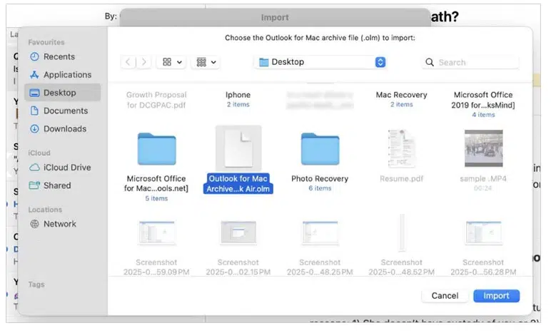 File import dialog on a Mac shows various folders and files on the desktop, with "Outlook for Mac Archive" highlighted for selection.