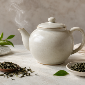 One Teapot on a cozy kitchen table with tea cups and warm natural light