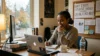 A woman sits at a desk smiling while looking at her laptop. Books, a mug, and a water bottle are nearby. A sign reads "Why Every Student Should Consider Online Class Help."