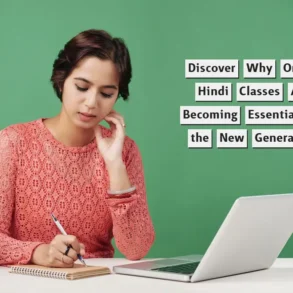 A woman in a pink sweater writes in a notebook beside a laptop and coffee cup, set against a green background with text about online Hindi classes.
