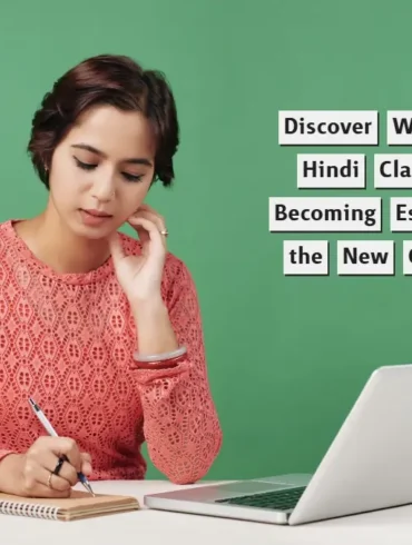 A woman in a pink sweater writes in a notebook beside a laptop and coffee cup, set against a green background with text about online Hindi classes.
