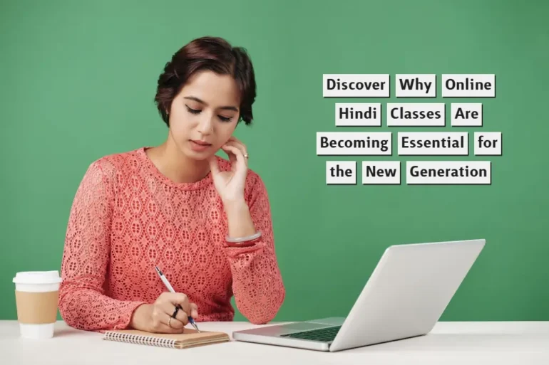 A woman in a pink sweater writes in a notebook beside a laptop and coffee cup, set against a green background with text about online Hindi classes.