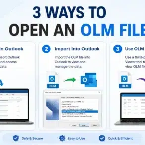 3 Ways to Open an OLM File' shows steps: 1. Use Outlook, 2. Import OLM to Outlook, 3. Use OLM Viewer. Emphasizes ease and security.