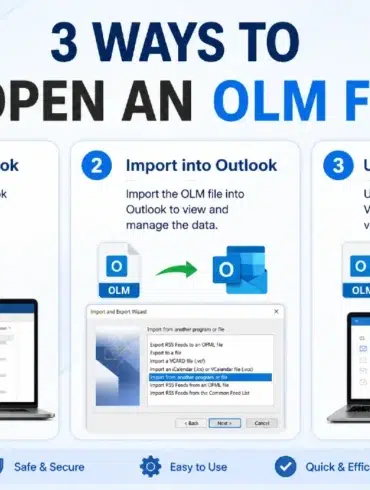 3 Ways to Open an OLM File' shows steps: 1. Use Outlook, 2. Import OLM to Outlook, 3. Use OLM Viewer. Emphasizes ease and security.