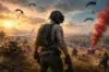 A soldier in tactical gear gazes over a battlefield at sunset. Parachutes descend as a red smoke marker signifies a supply drop. Intense and strategic atmosphere.