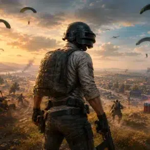 A soldier in tactical gear gazes over a battlefield at sunset. Parachutes descend as a red smoke marker signifies a supply drop. Intense and strategic atmosphere.