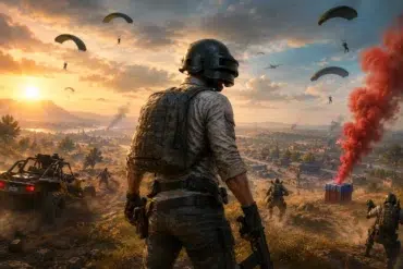 A soldier in tactical gear gazes over a battlefield at sunset. Parachutes descend as a red smoke marker signifies a supply drop. Intense and strategic atmosphere.