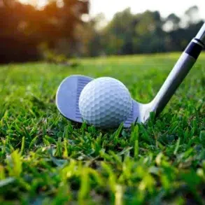 A golf ball sits on lush green grass, next to a golf club under soft sunlight. The serene setting conveys a peaceful, focused mood.