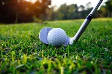 A golf ball sits on lush green grass, next to a golf club under soft sunlight. The serene setting conveys a peaceful, focused mood.