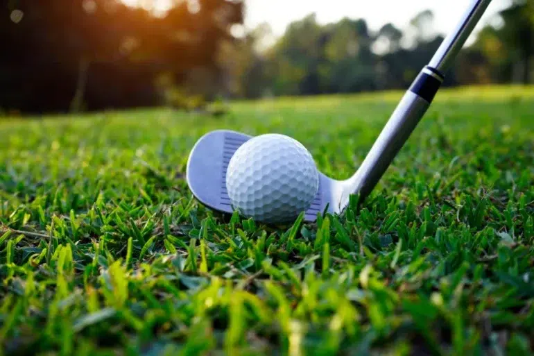 A golf ball sits on lush green grass, next to a golf club under soft sunlight. The serene setting conveys a peaceful, focused mood.
