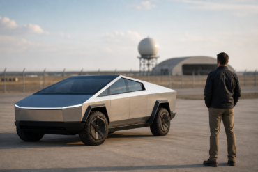 Pentagon Big Tech Tesla Cybertruck defense technology concept with futuristic electric vehicle and military innovation theme