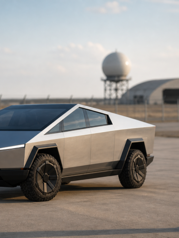 Pentagon Big Tech Tesla Cybertruck defense technology concept with futuristic electric vehicle and military innovation theme