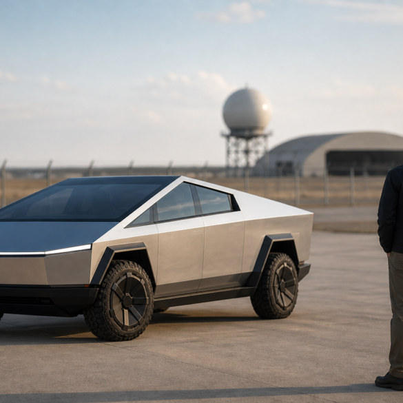 Pentagon Big Tech Tesla Cybertruck defense technology concept with futuristic electric vehicle and military innovation theme