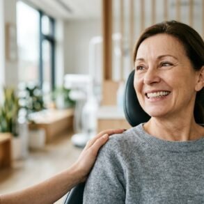A woman in a grey sweater smiles while a hand rests on her shoulder in a dental office.