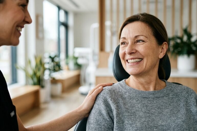 A woman in a grey sweater smiles while a hand rests on her shoulder in a dental office.
