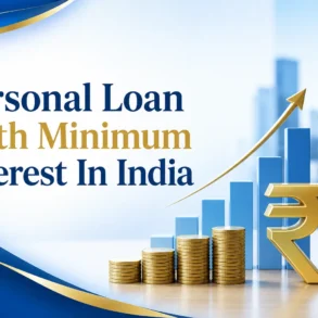 Personal Loan With Minimum Interest In India' beside a rising bar graph, stacked coins, and a large rupee symbol, conveying financial growth.