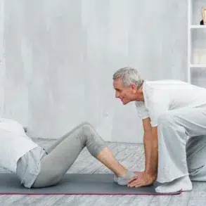 An older woman doing sit-ups on a yoga mat indoors, assisted by an older man kneeling and holding her feet. They are both smiling and wearing casual workout clothes, creating a supportive and positive atmosphere.