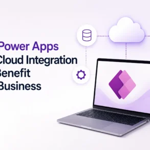 Graphic showing a laptop with a Power Apps logo, surrounded by cloud integration icons. Text reads 'How Power Apps with Cloud Integration Can Benefit Your Business.' A small plant is beside the laptop.
