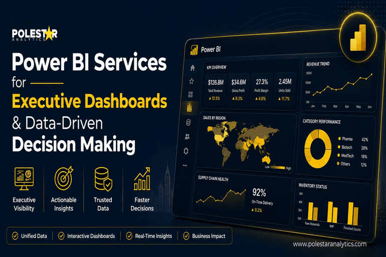 Infographic for Polestar Analytics Power BI Services. Features a digital dashboard with graphs and maps for executive decision-making, showcasing data insights and performance metrics. Keywords include executive dashboards, data-driven, and decision-making. Icons highlight benefits like unified data and real-time insights. Dark background with yellow accents adds a professional tone.