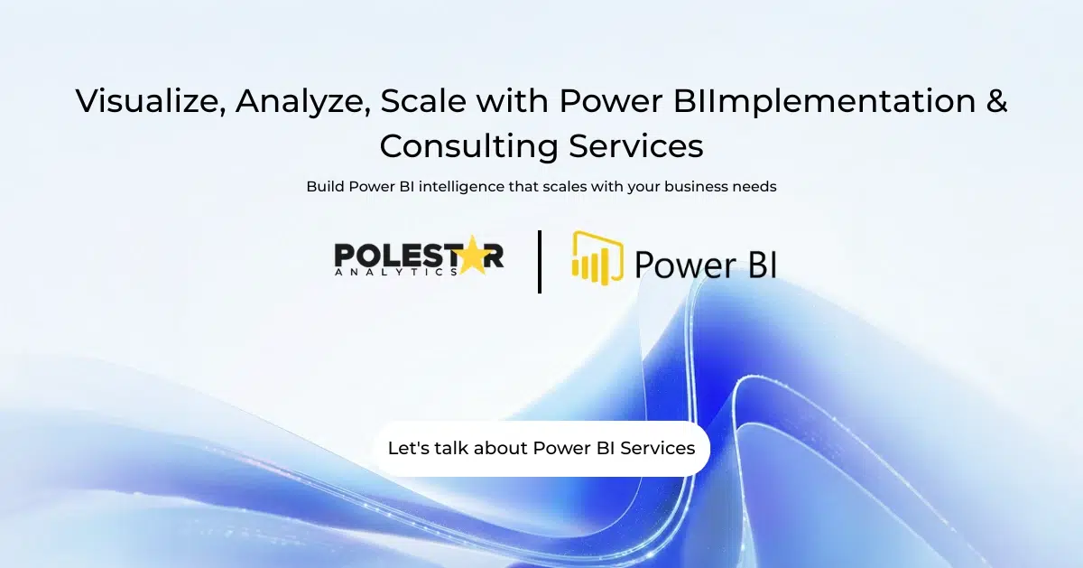 Advertisement for Power BI services by Polestar Analytics, featuring blue abstract wave design. The text highlights consulting and implementation services.