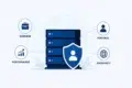 Stack of servers with a shield icon overlay showing a person silhouette. Lines connect to icons representing business, performance, personal, and anonymity.