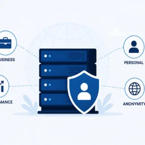 Stack of servers with a shield icon overlay showing a person silhouette. Lines connect to icons representing business, performance, personal, and anonymity.
