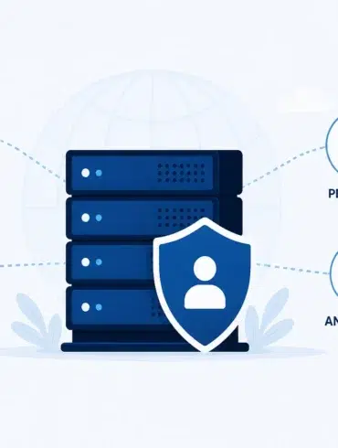 Stack of servers with a shield icon overlay showing a person silhouette. Lines connect to icons representing business, performance, personal, and anonymity.
