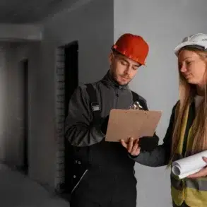 Two construction workers in safety gear review blueprints on a clipboard in an unfinished building. The mood is focused and professional.