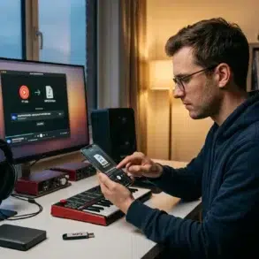 A man in a blue hoodie is seated at a desk with music equipment, focusing on his phone. A computer, headphones, and MIDI keyboard are present, creating a focused, creative atmosphere.