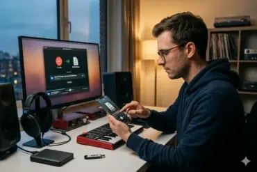 A man in a blue hoodie is seated at a desk with music equipment, focusing on his phone. A computer, headphones, and MIDI keyboard are present, creating a focused, creative atmosphere.