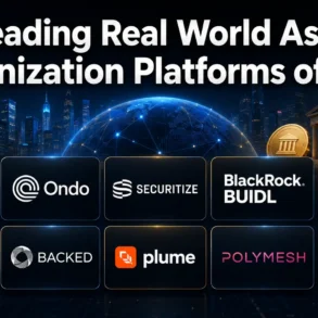 Leading Real World Asset Tokenization Platforms of 2026' featuring logos of platforms like MEXC, Ondo, Securitize, and others against a futuristic cityscape backdrop.