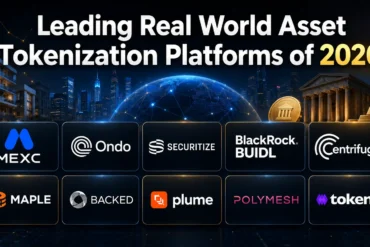 Leading Real World Asset Tokenization Platforms of 2026' featuring logos of platforms like MEXC, Ondo, Securitize, and others against a futuristic cityscape backdrop.