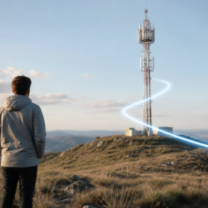 Radio Bearer concept showing a smartphone connected to a 5G mobile network tower with wireless data signals