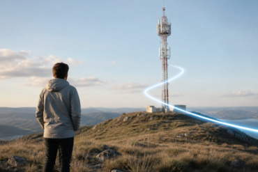 Radio Bearer concept showing a smartphone connected to a 5G mobile network tower with wireless data signals
