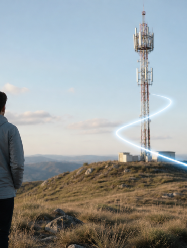 Radio Bearer concept showing a smartphone connected to a 5G mobile network tower with wireless data signals