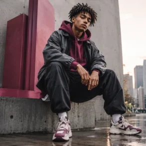 Young man in urban streetwear sits on a concrete ledge, exuding confidence. Skyscrapers and wet pavement suggest a moody cityscape backdrop.