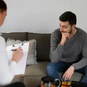 Therapist taking notes while a man in a gray sweater sits on a couch, appearing thoughtful during a counseling session.