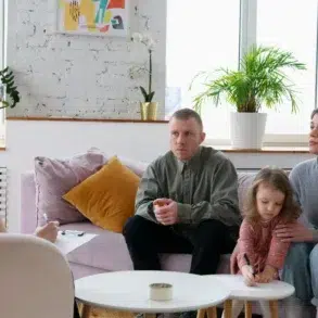 Therapist listens to a family with a child drawing on a small table in a bright living room with plants and abstract art.