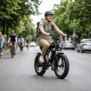 Ridstar Q20 fat tire electric bike on a city road with outdoor riding background