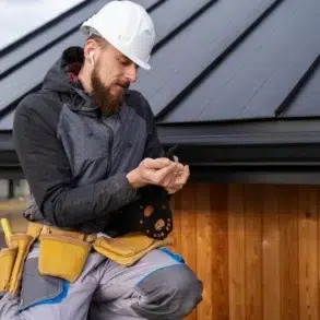 A construction worker in a white hard hat and gray jacket examines a piece of material on a roof. He wears a tool belt, earphones, and stands near wood siding.