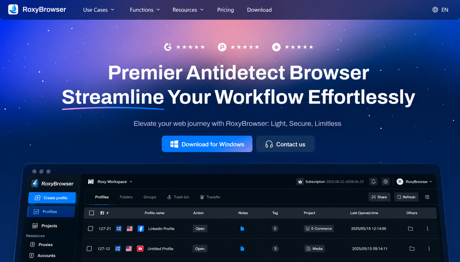 Website homepage of RoxyBrowser, featuring a starry background with text highlighting it as a "Premier Antidetect Browser." A download button for Windows is visible. Below, a dark-themed interface showcases profile management features. The tone is modern and professional.