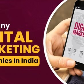 Two hands hold a smartphone displaying a digital marketing concept. Bold text reads "How Many Digital Marketing Companies in India". The tone is informative.